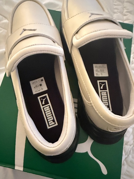 Puma Women's Leather Loafyr Slip-On. Alpine Snow with Black Chunky